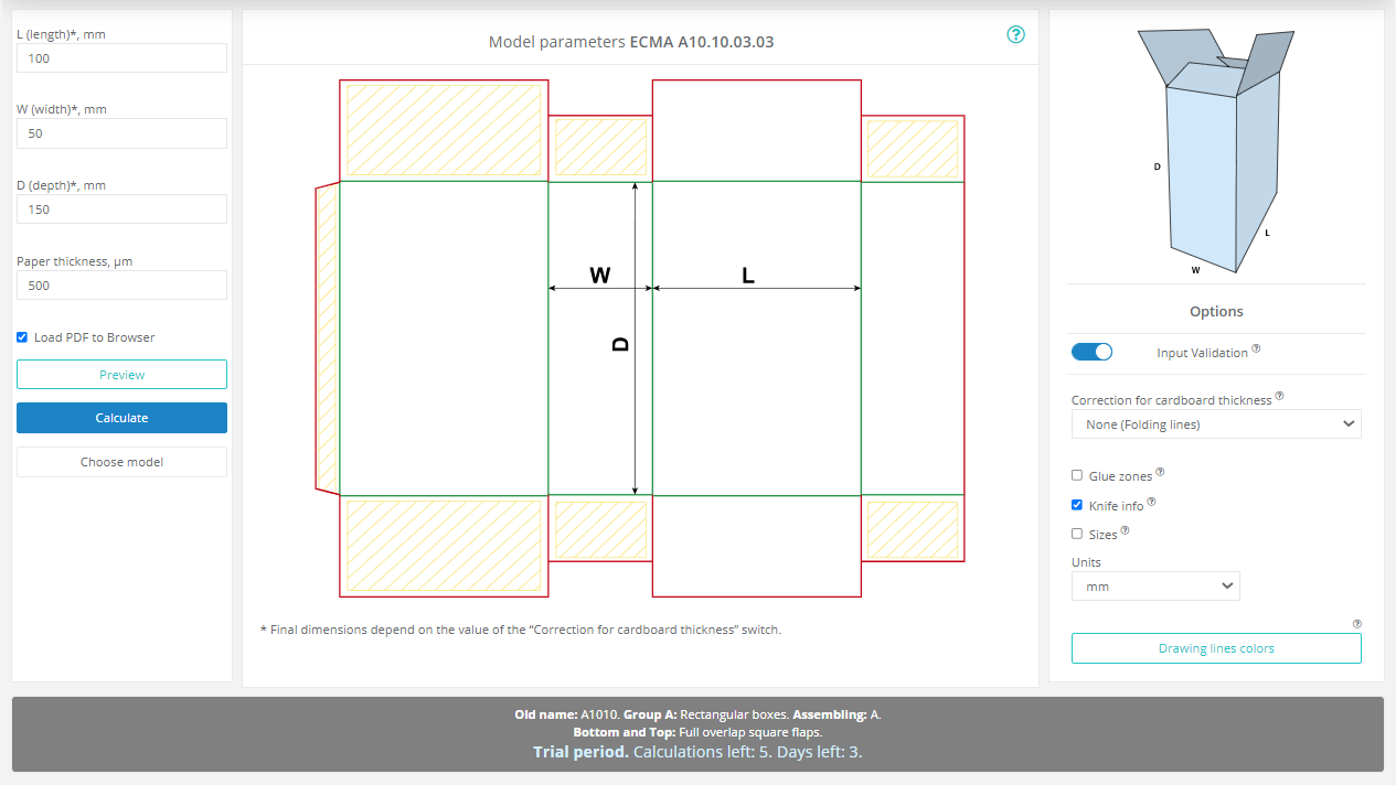 Model parameters page.